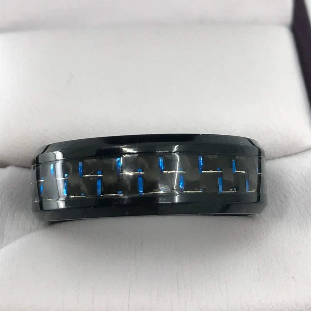 Mens Black Ceramic Carbon Fiber Stainless Steel Ring With Blue Accents Size 11.5